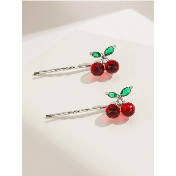2PCS CHERRY CRYSTAL DECOR BOBBY PIN - Picture 2 of 3